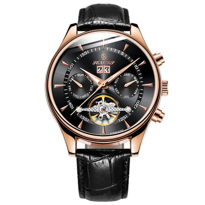 Men's waterproof skeleton mechanical watch with black leather strap, rose-gold case, black dial