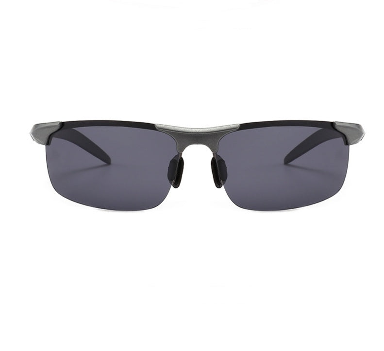 Sunglasses with black frame and dark lenses on a white background