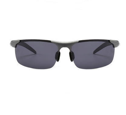 Sunglasses with black frame and dark lenses on a white background