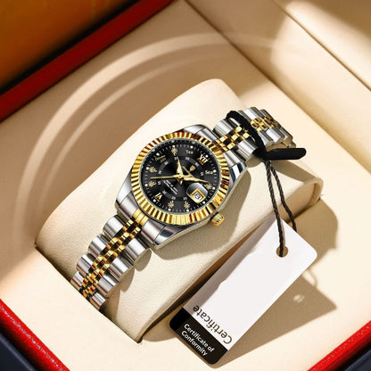 Women's quartz wristwatch with black dial and two-tone stainless bracelet