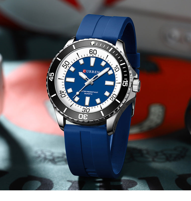 Angled view of a CURREN quartz watch with blue dial and strap and a black bezel