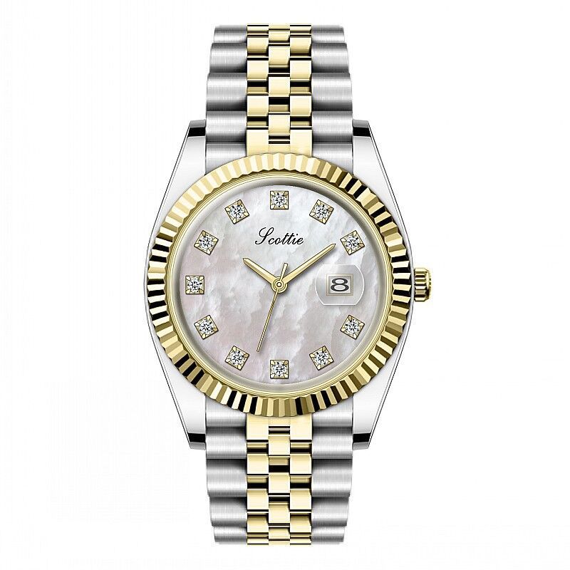 Two-tone watch with silver and gold band on a white background
