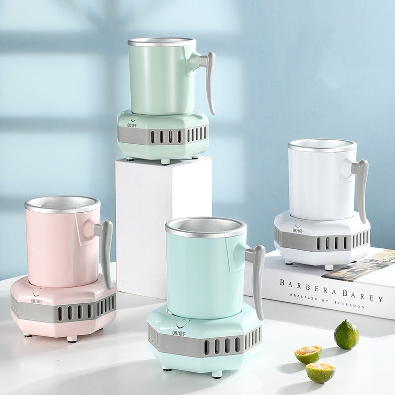 Set of four mug coolers on a light surface with a blue gradient background