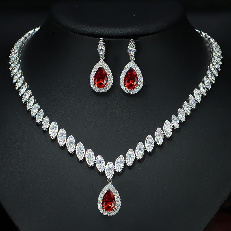 Two-piece AAA zircon set: red teardrop earrings and crystal tennis necklace with red center pendant