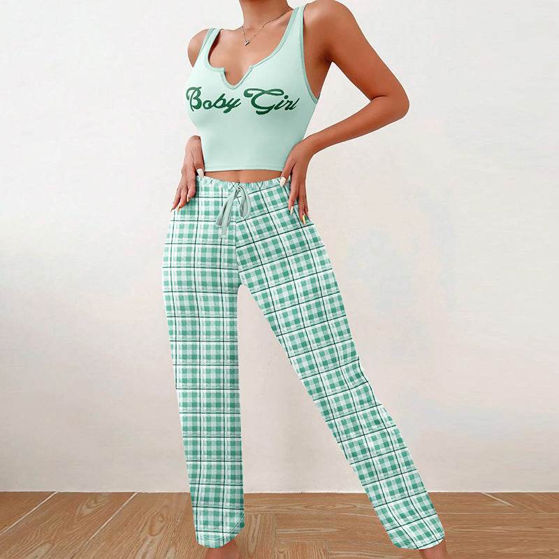 Spring Summer Women's Casual Pajamas Home Wear Vest Color Matching Plaid Trousers Letter Print Top Ladies 2 Pcs Home Clothes Sleepwear - YAXSO