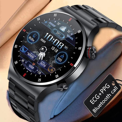 Bluetooth calling smartwatch worn on wrist, black case with black strap and blue-lit display