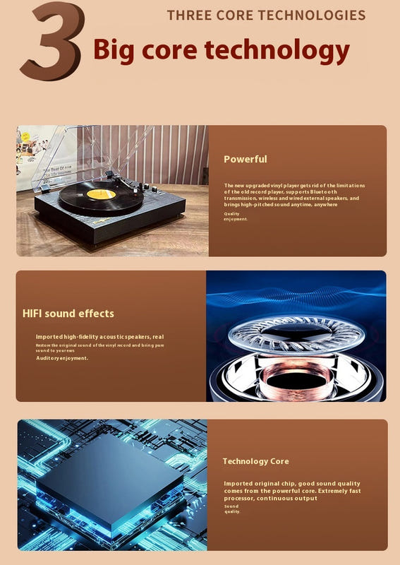 Retro vinyl record player with turntable platter and black base, for Bluetooth playback