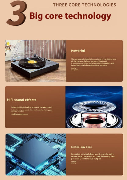 Retro vinyl record player with turntable platter and black base, for Bluetooth playback