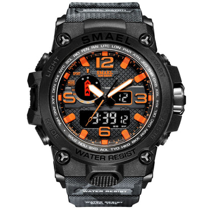 Black and orange digital wristwatch with 'SMAEL' branding on a white background
