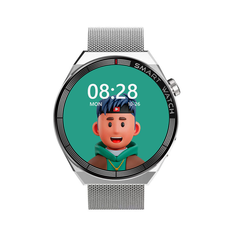 Smartwatch with silver metal mesh strap and silver case, round display with character screen
