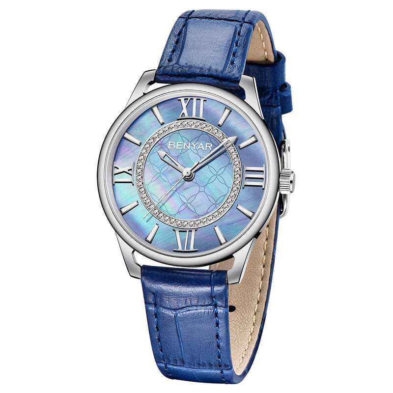 Quartz watch with blue leather strap, silver case, light blue face, Roman numerals, BENYAR