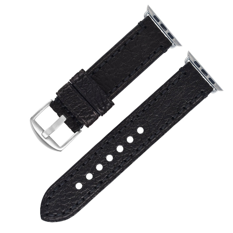 Black watch strap with silver buckle on a white background