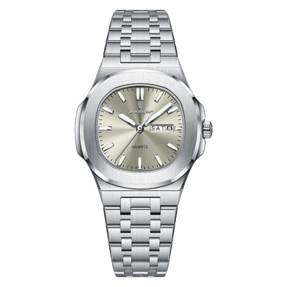 Silver watch with a metallic bracelet on a white background