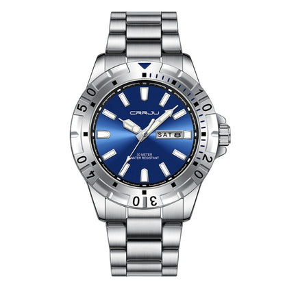 Silver watch with a blue dial on a white background