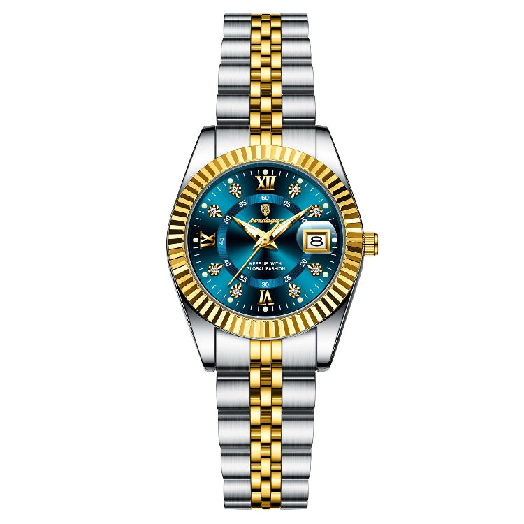 Wristwatch with blue face, gold and silver band on white background