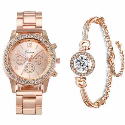 Rose gold chronograph-style watch with crystal bezel and matching chain bracelet with pendant