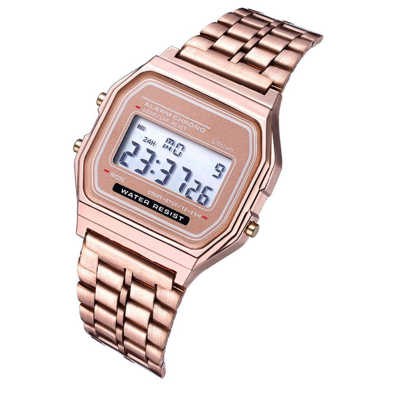 Digital electronic watch with rose-gold metal link bracelet, pink-toned display.