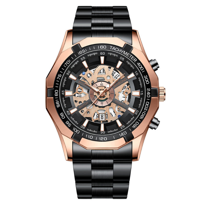 Luxury watch with black and rose gold design on a white background