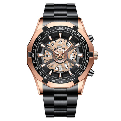 Luxury watch with black and rose gold design on a white background