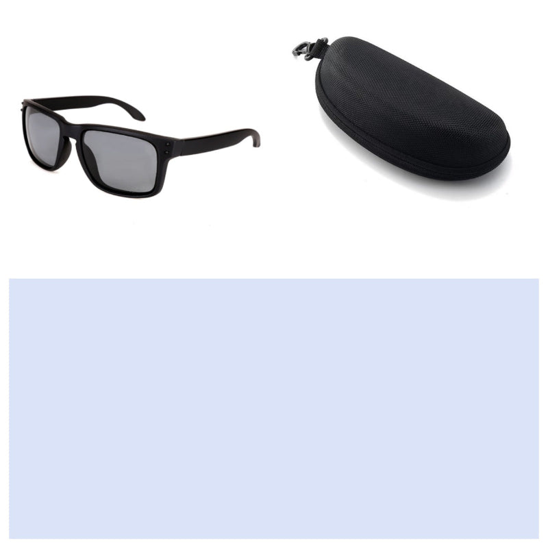 Black sunglasses with a black case on a white background