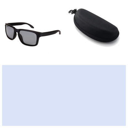 Black sunglasses with a black case on a white background