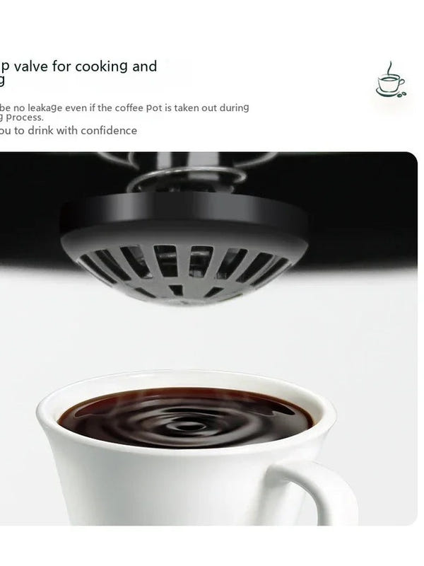 Automatic drip coffee and tea maker pouring into a white cup