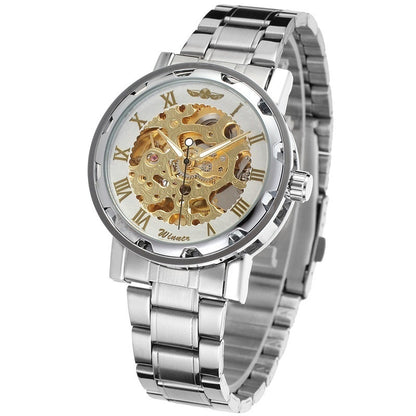 Silver watch with a detailed mechanical face on a white background