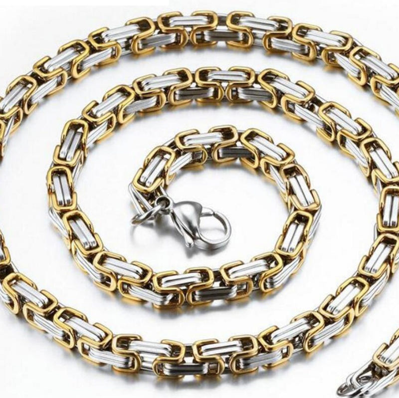 Two-tone chain necklace with gold and silver rectangular links and clasp