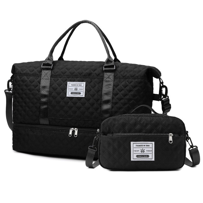 Black quilted travel bag with front zip and matching crossbody pouch