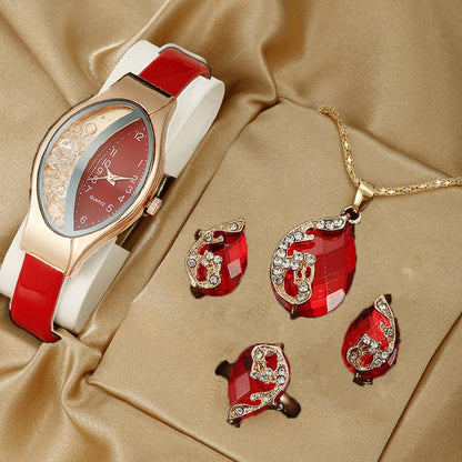 Quartz watch jewelry set with red strap and red teardrop earrings on gold chain