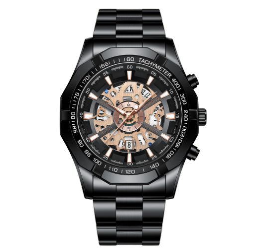 Black wristwatch with detailed face on a white background