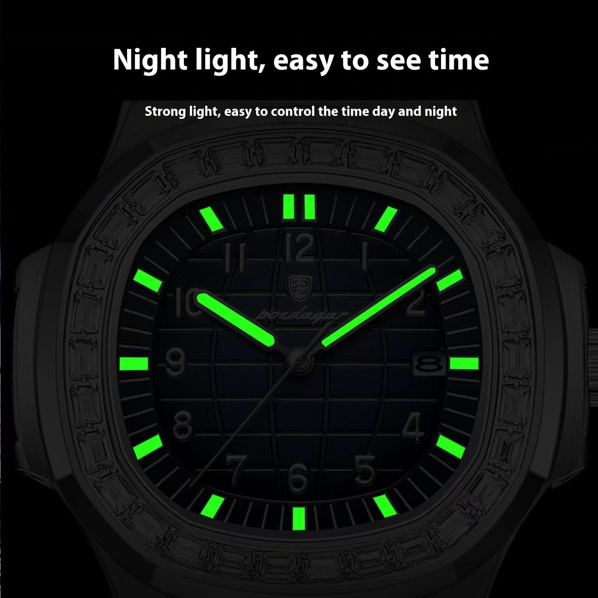 Quartz dress watch with dark dial and green luminous hands and markers