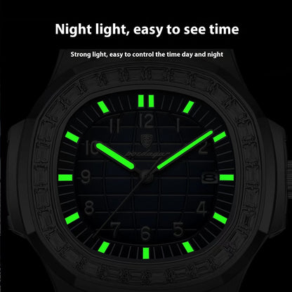 Quartz dress watch with dark dial and green luminous hands and markers