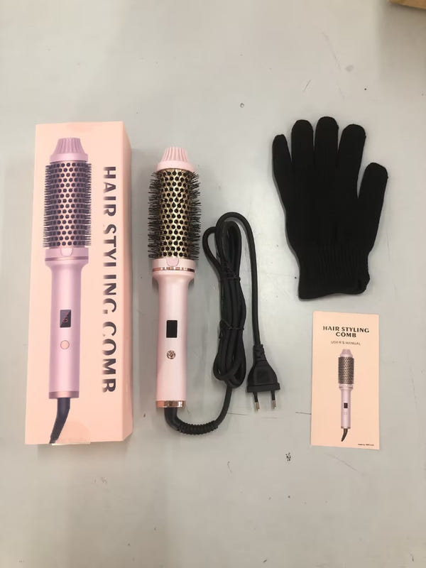 Pink hair curler straight comb set with vented barrel, cord, attachments, and glove