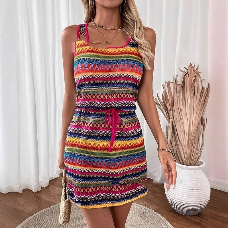 Leisure Vacation Striped U-shaped Square Collar Sleeveless Dress - YAXSO