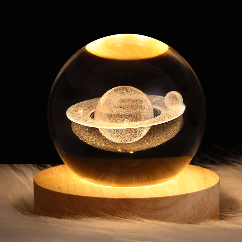LED crystal ball night lamp with planet and ring Saturn-style light design on wooden base
