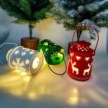 Three decorative lanterns with LED lights on a surface with a blurred background