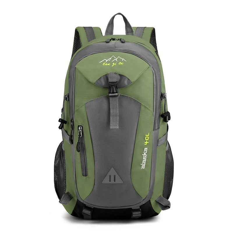Green and gray backpack with visible brand logo on a white background