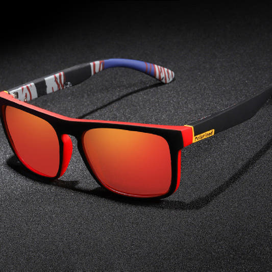 Polarized cycling sunglasses with black frame, red accents, and orange-red lenses