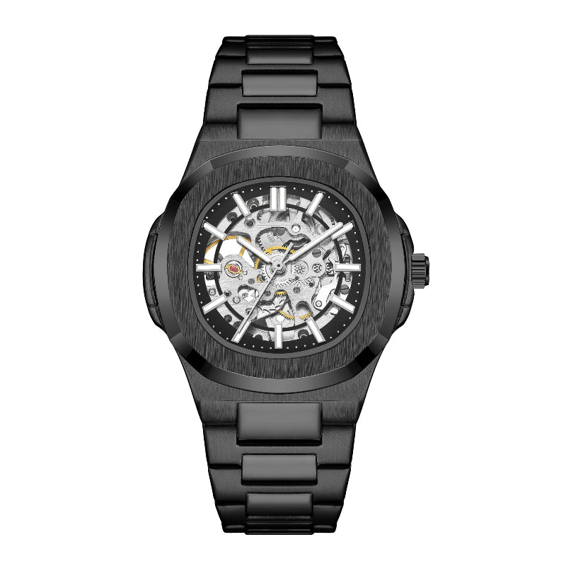 Black mechanical watch with a visible brand logo on a white background