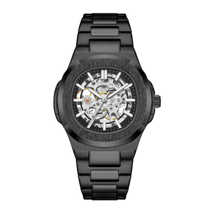Black mechanical watch with a visible brand logo on a white background
