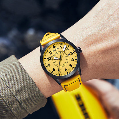 Men's yellow leather automatic wristwatch with round gold dial and black bezel