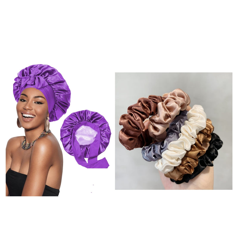 Purple satin bonnet cap with gathered double-layer ribbon detail for hair styling