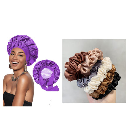 Purple satin bonnet cap with gathered double-layer ribbon detail for hair styling