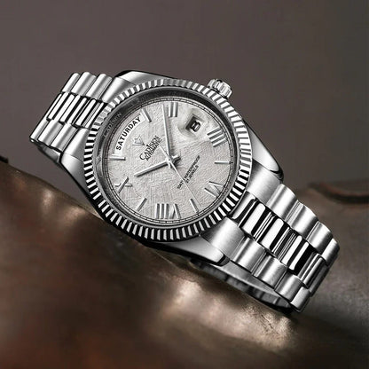 Men’s automatic mechanical watch with silver dial and stainless steel bracelet