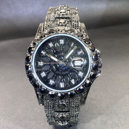 Luxury watch with diamond-studded case and band on a gray background