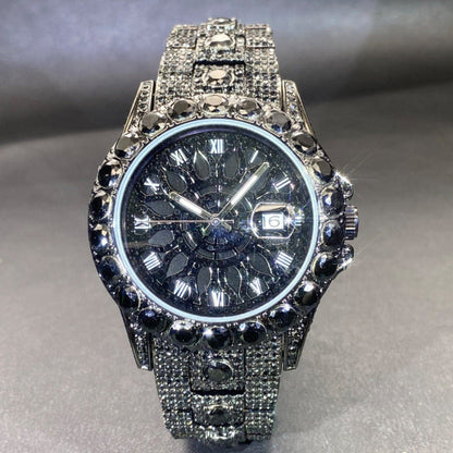 Diamond-encrusted watch with dark blue-black dial, roman numerals, and silver-toned bezel.