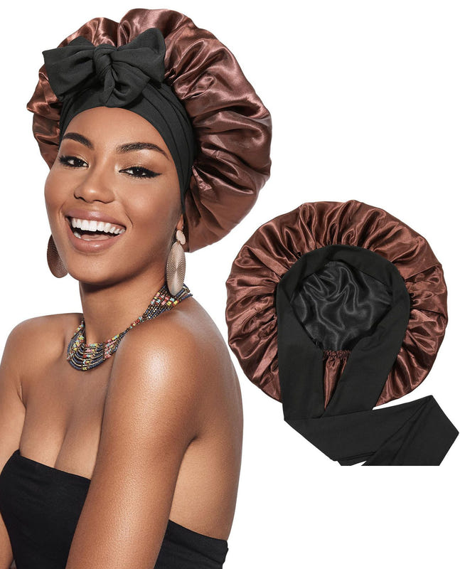 Satin ribbon round cap in dark brown satin with black heart accent