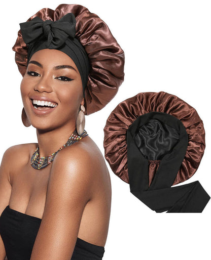 Satin ribbon round cap in dark brown satin with black heart accent
