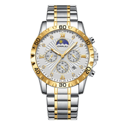Silver and gold watch with a white face on a white background